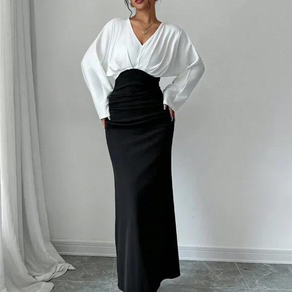 Black Elegant Women's Patchwork Long Sleeve Pleated Hem Casual Dress - Picture 5 of 6